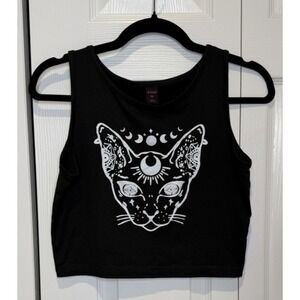 Womens Gothic Cat Cropped Tank Top Size M Celestial Witchy Whimsigoth Grunge Emo